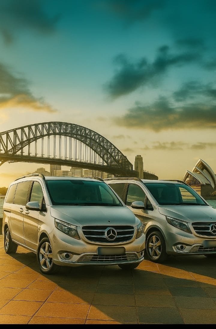 Our fleet of premium Mercedes touring vehicles parked at Sydney Harbour with the Harbour Bridge and Opera House behind them at golden hour.