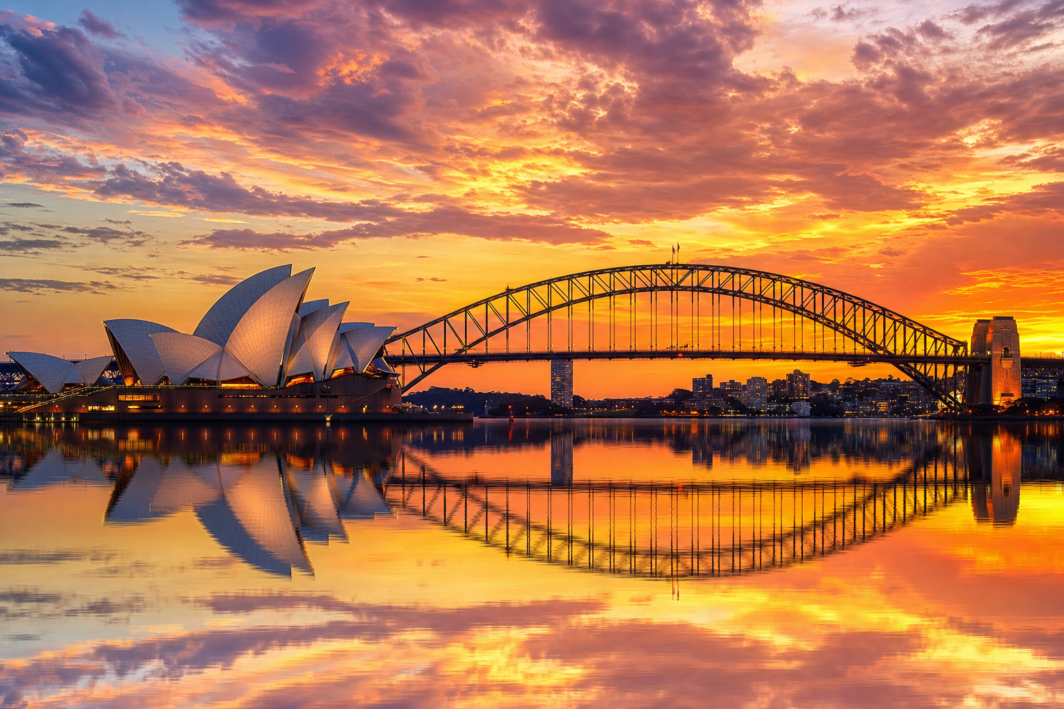 Sydney Opera House and Sydney Harbour Bridge at golden hour with warm light reflecting on the harbour