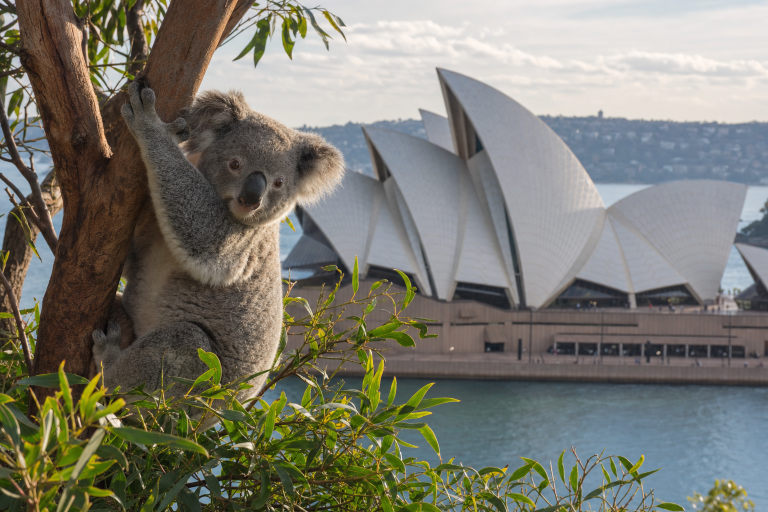 Sydney Opera House sails behind a koala resting in a eucalyptus tree at Featherdale Wildlife Park
