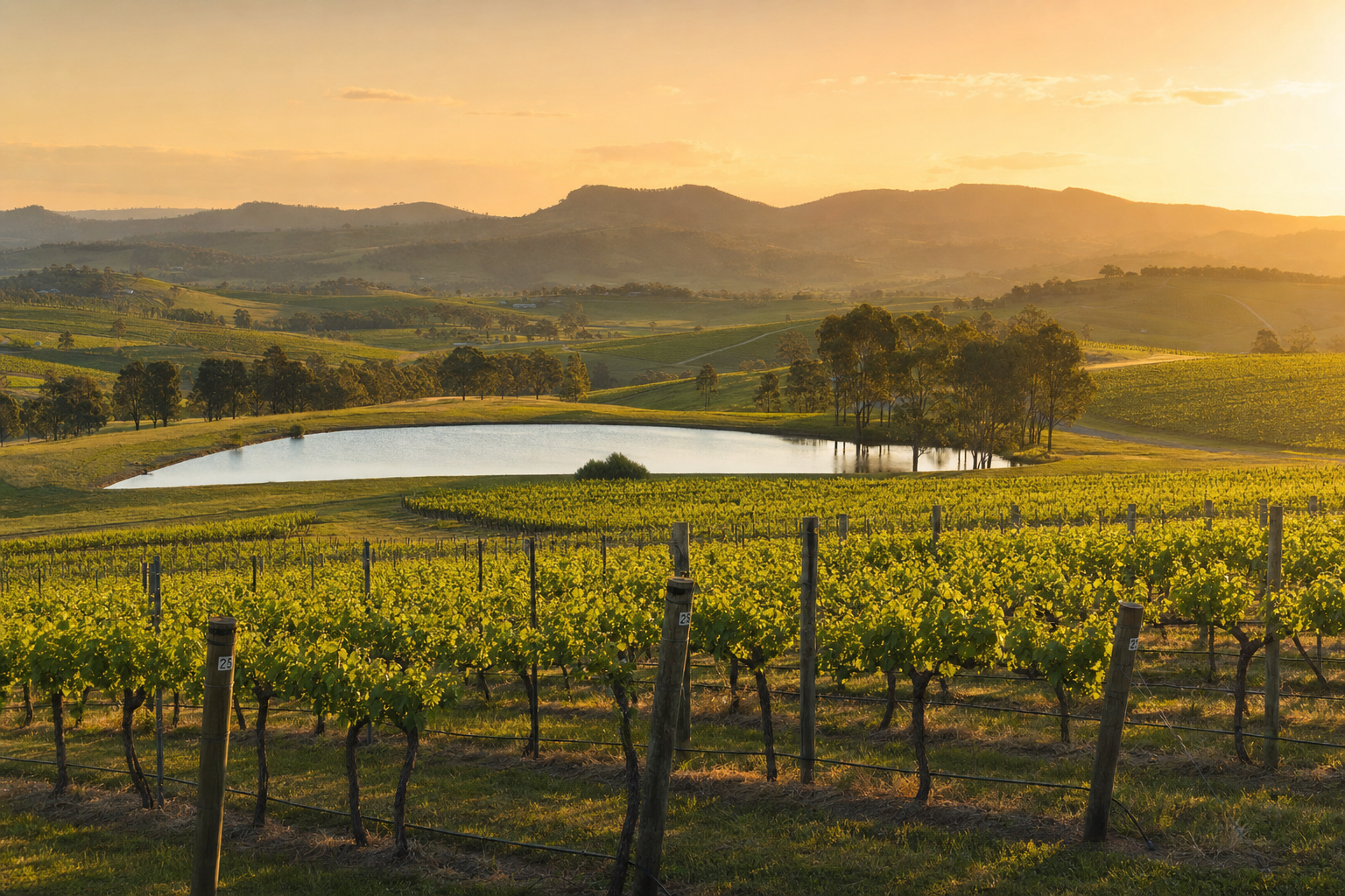 Rows of vines in a Hunter Valley vineyard at golden hour with rolling green hills in the background