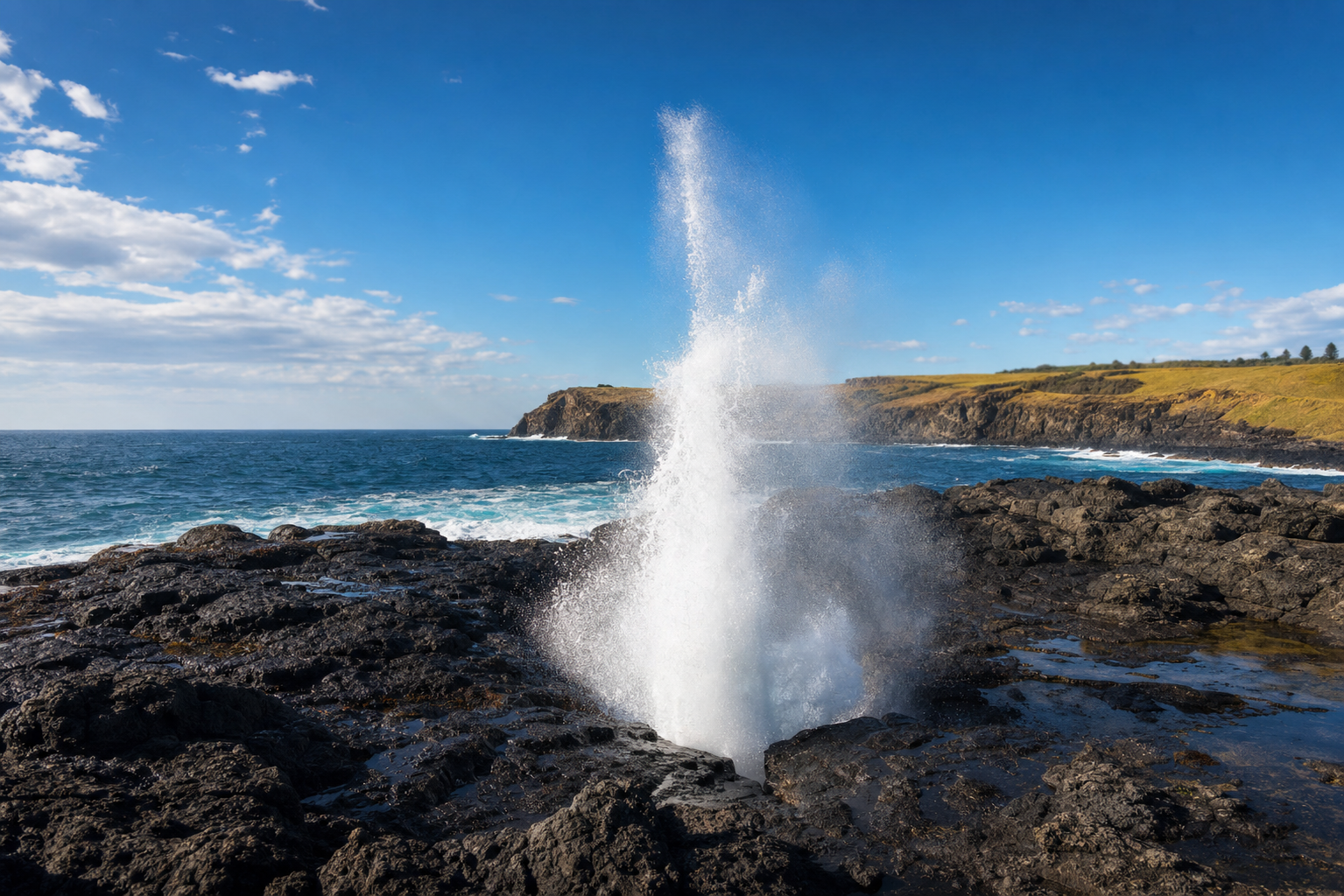 Kiama Blowhole on the New South Wales south coast with a dramatic plume of sea spray against ocean cliffs