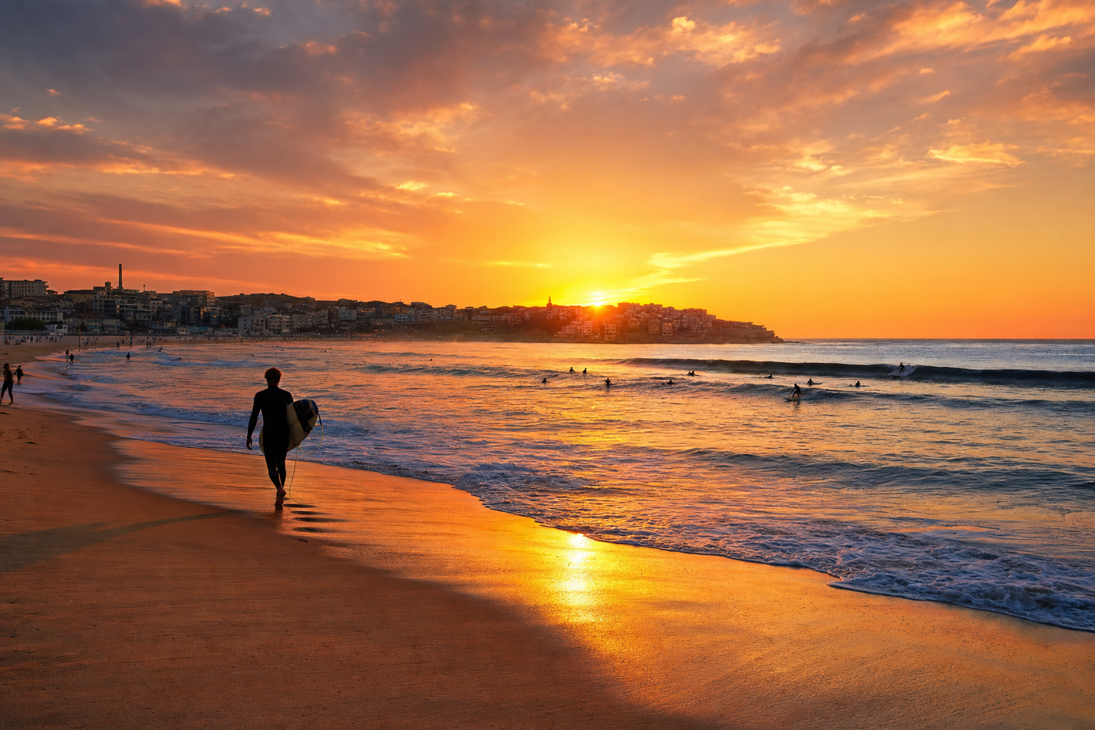 Bondi Beach at sunset with warm golden light on the sand and surfers silhouetted on the horizon